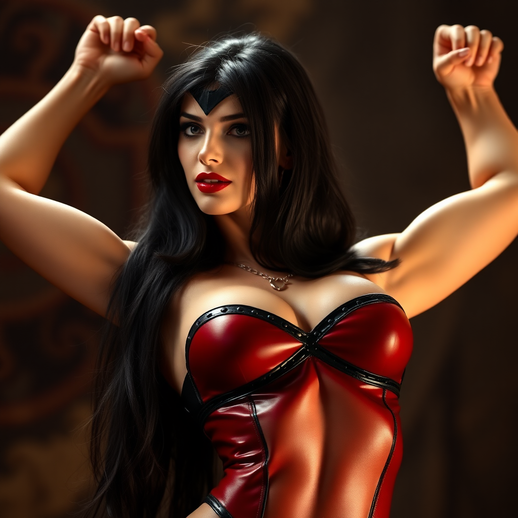 Imagine: Vampirella, legendary warrior, flexing her lithe Amazonian figure. Arms up. She's slender, more feminine, and still strong looking. Insanely detailed DSLR photograph.