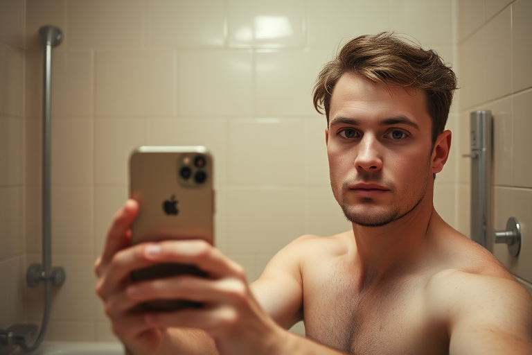 An iPhone selfie of a man in his early 2000s bathroom