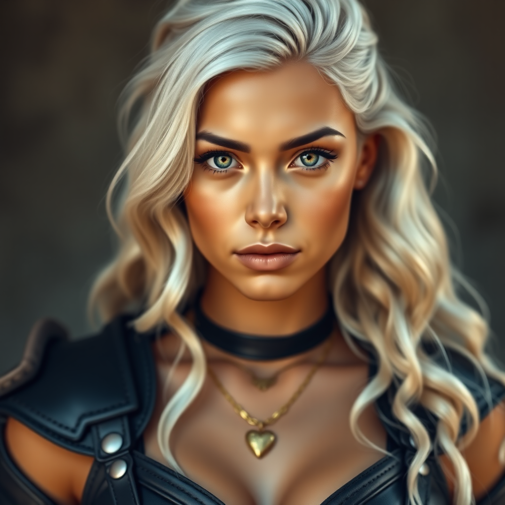 Portrait of a beautiful young woman with long wavy platinum blonde hair, green eyes, a suntan, large breasts, and light brown eyebrows. She is wearing black leather armor and a gold necklace with a small heart pendant.