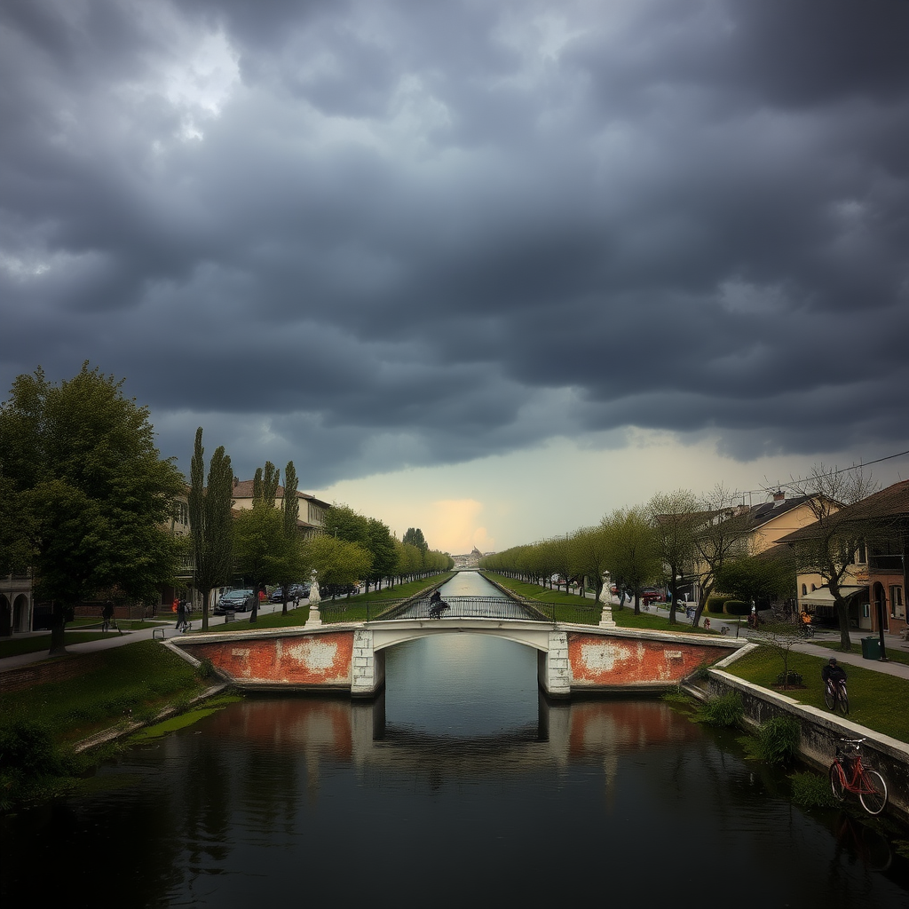 very cloudy black sky, threatening rain, in the Venetian countryside, with a small bridge on 2 pillars over the canal, with cars and bikes