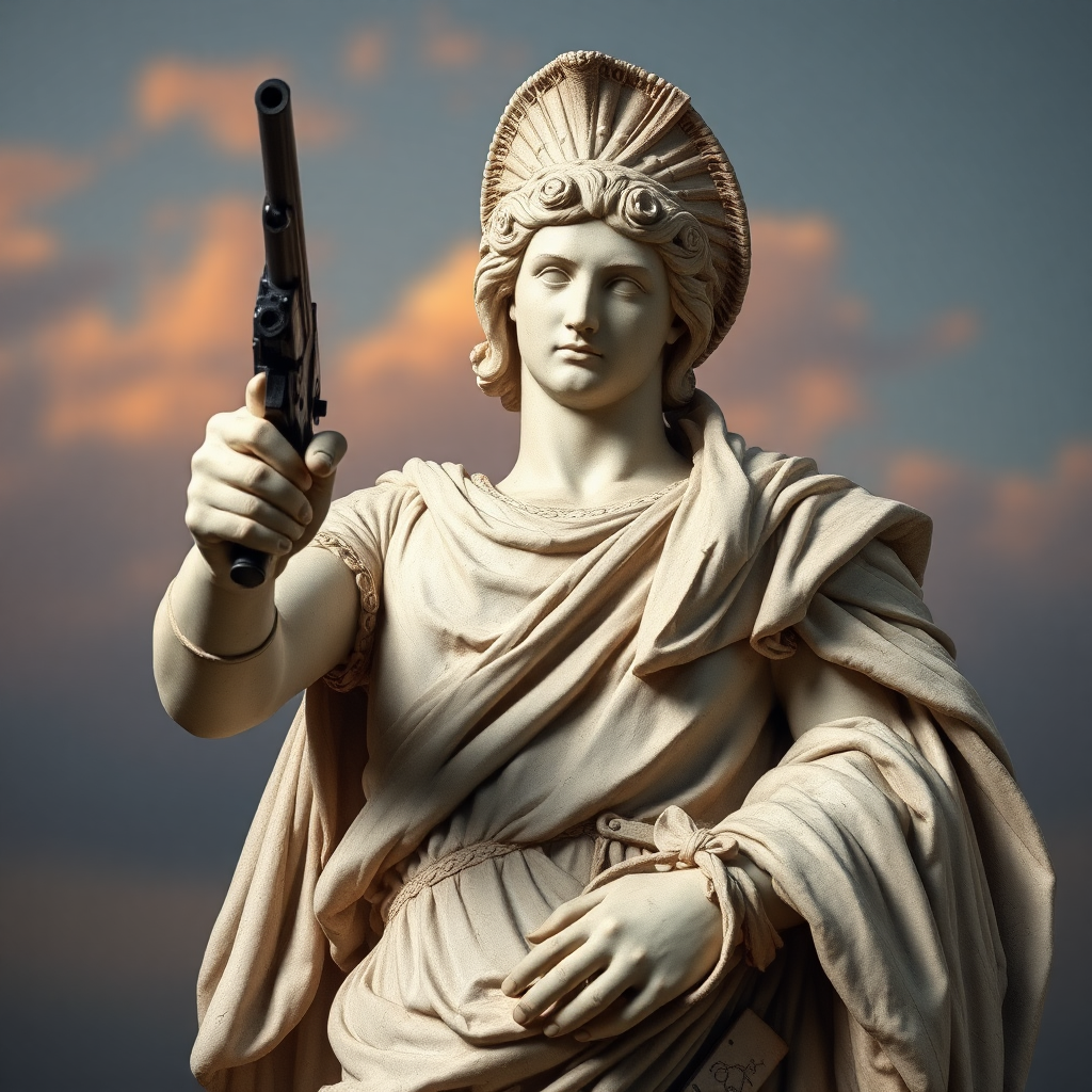 Art. Roman statue with a pistol posing.