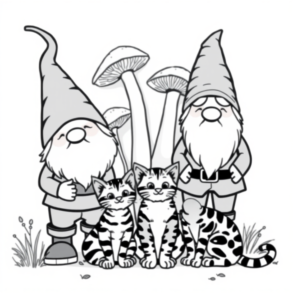 A happy Gnome family standing with their Bengal cats sitting. some mushrooms in the background. Black and White - no gradients or greys. Vector style, isolated on white.