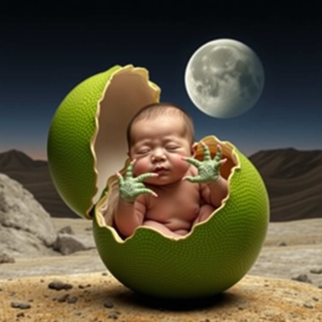 Create a photorealistic mix picture in Salvador Dali style. With a fresh newborn human baby hatching from what looks like a green reptile egg. The baby has reptile hands. Scene: moon landscape.