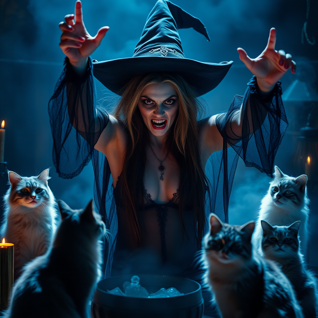 imagine: An scary witch with a beautifully sinister face both arms up menacingly at the viewer intensely with one arm up high in the air. She's wearing transparent negligee. Cosplayed by a Romanian dancer. The scene is dramatically lit and filled with amazing details and the tools of the witchcraft trade. Several Siberian cats do her bidding.