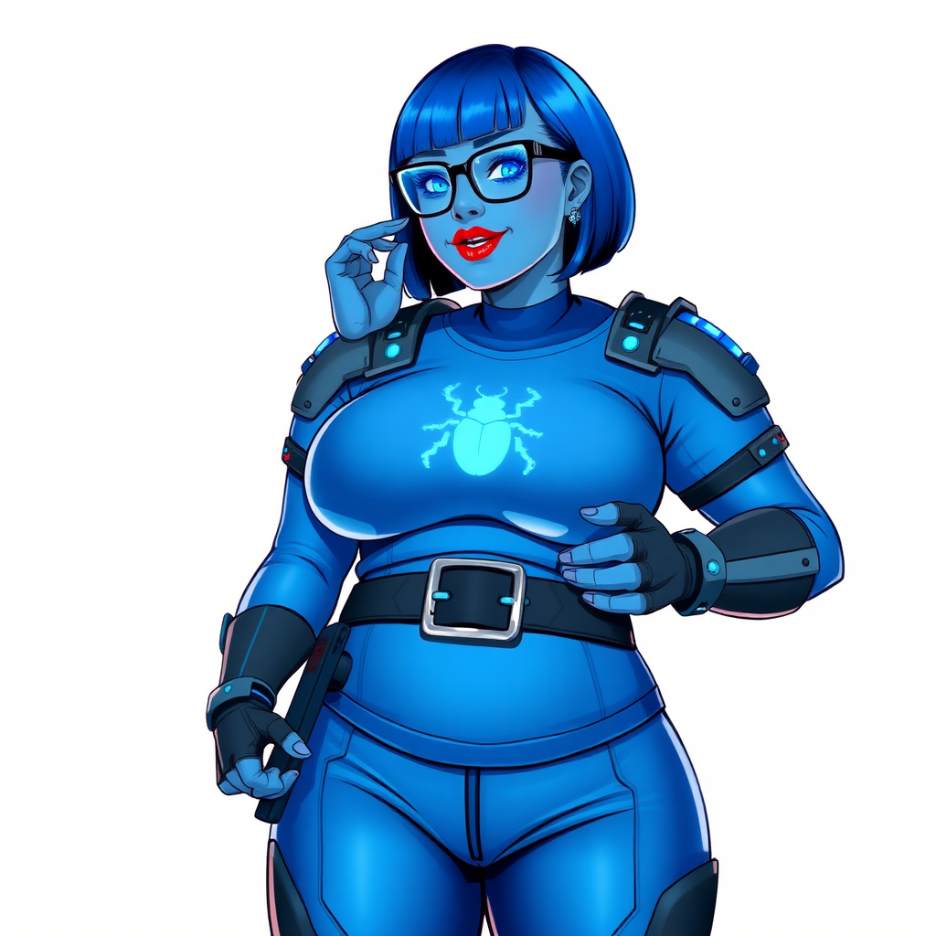 A 28-year-old, full-figured, metallic maximum blue (5PB 5/10) skinned computer program hybrid with a maximum blue bob cut. She has a non-athletic build, highlighted by a prominent, round, large midsection (with emphasis on her round belly), which shows the effects of her love of junk food acquired from her boyfriend. As the full-figured, nerdy, digital sidekick to her cyberpunk vigilante boyfriend, her metallic maximum blue skin and maximum blue lipstick (5PB 5/12) emphasize her digital nature. Her skin has a subtle, animated glow, with digital patterns occasionally flickering across it, making her digital nature obvious. She wears a digital, computerized superhero costume, consisting of a massive, tight-fitting, maximum blue t-shirt (5PB 5/12) with a neon blue glowing chest icon of a beetle, hi-tech shoulder pads with neon blue accents, a black hi-tech belt with a digital neon blue glowing buckle, digital maximum blue biker pants (5PB 5/12) with neon blue accents, and black hi-tech fingerless biker gloves with neon blue glowing accents. Her neon blue glowing eyes, black eyeglasses with neon blue glowing lenses equipped with a built-in HUD, and bashful smile with neon red blush accentuate her nerdiness.

She stands with a shy, slightly hunched posture, one hand nervously adjusting her glasses while the other clutches a digital tablet close to her chest. Her pose reflects her intellectual curiosity and slight social awkwardness, much like Sci-Twi. Her costume covers all her skin and emphasizes her full-figured physique (especially her round belly). Despite her build, she radiates beauty. She has a slim face compared to her physique, accentuating her radiant beauty. She is on a solid white background. She is drawn as if she were in a retro 2D cyberpunk fighting game.