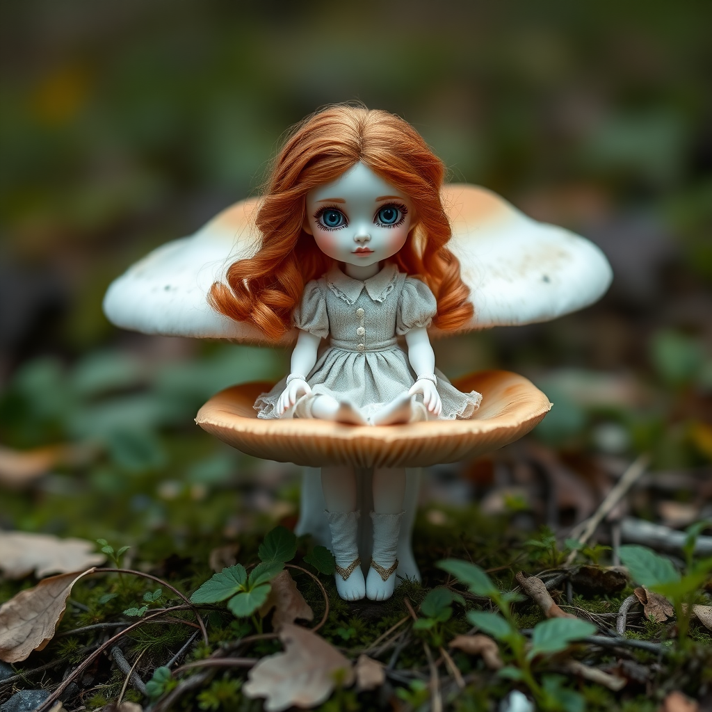 ooak art doll sitting on a amanita mushroom in nature, shy flirting with the camera, questioning look, bisque doll, artist doll, realistic doll, life-like porcelain doll, handmade, one of a kind, abstract, minimalist art, in focus, hyperfocal, bisque porcelain, Victorian dress, symmetric, sacred geometry, original, unique personality, dynamic, cinematic scene, centered, macroscopic photo, dept of field, low key lighting, preteen ginger girl, balanced colors, Alice in wonderland