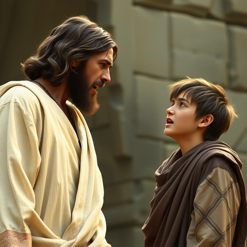 young man rejects jesus and yells at him in anger, as jesus is silent