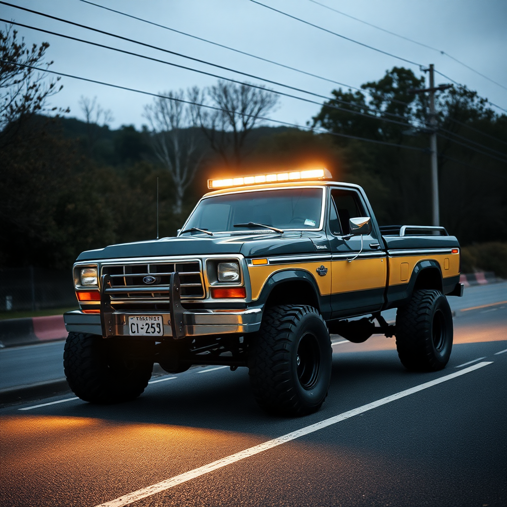 the car is parked on the side of the road, inspired by Taiyō Matsumoto, tumblr, restomod, nd4, c4 ford 4x4 pick-up monster truck light bar