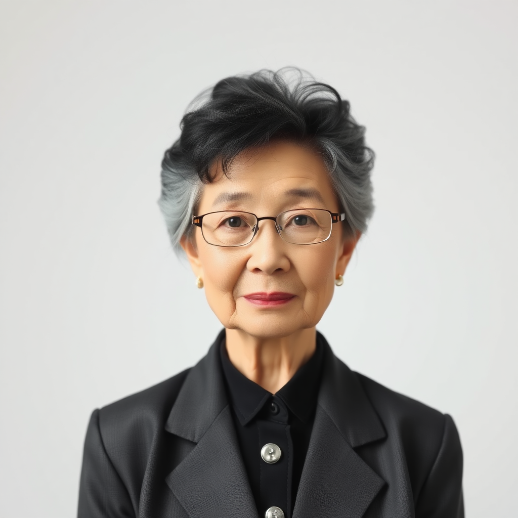 80 age old korean woman, front, woman suit, photo studio background, black and white hair,