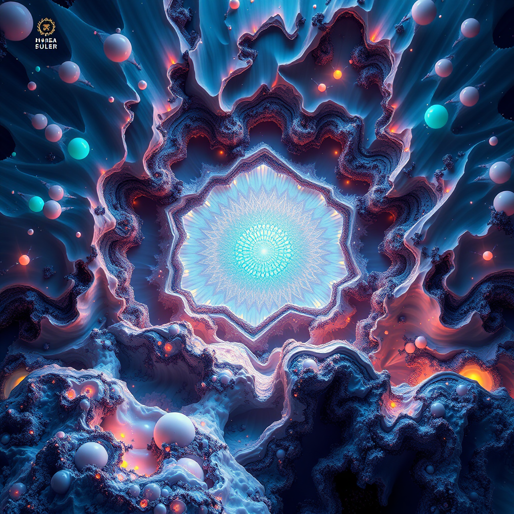 sacred geometry, mandelbulb fractal landscape, ultra-detailed, dynamic composition, artistic photograph, geode, alabaster, fractal, brilliant colors, glittering, illumination, transparency, translucent, opal, romanticism, minimalist poster