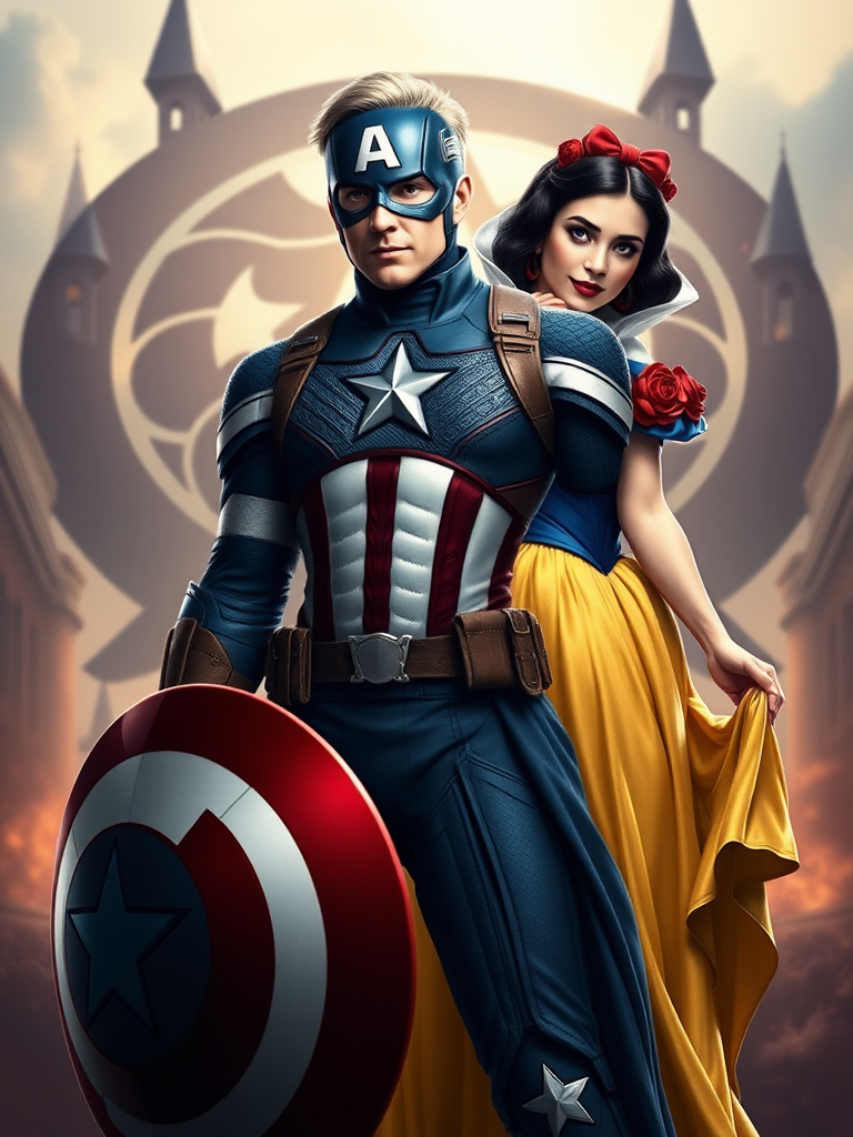 Create a full-length rendered image of Captain America, using the female figure of Snow White for the body. Retain Captain America's head, hairstyle, and facial features. Integrate elements of Snow White's costume into Captain America's attire, adjusting it to fit the new proportions. Design the background inspired by both characters, incorporating iconic symbols and settings that reflect their worlds, merging the heroic and fairytale atmospheres seamlessly. Ensure the image captures the strength of Captain America alongside the whimsy and charm of Snow White, resulting in a unique and visually striking character fusion.