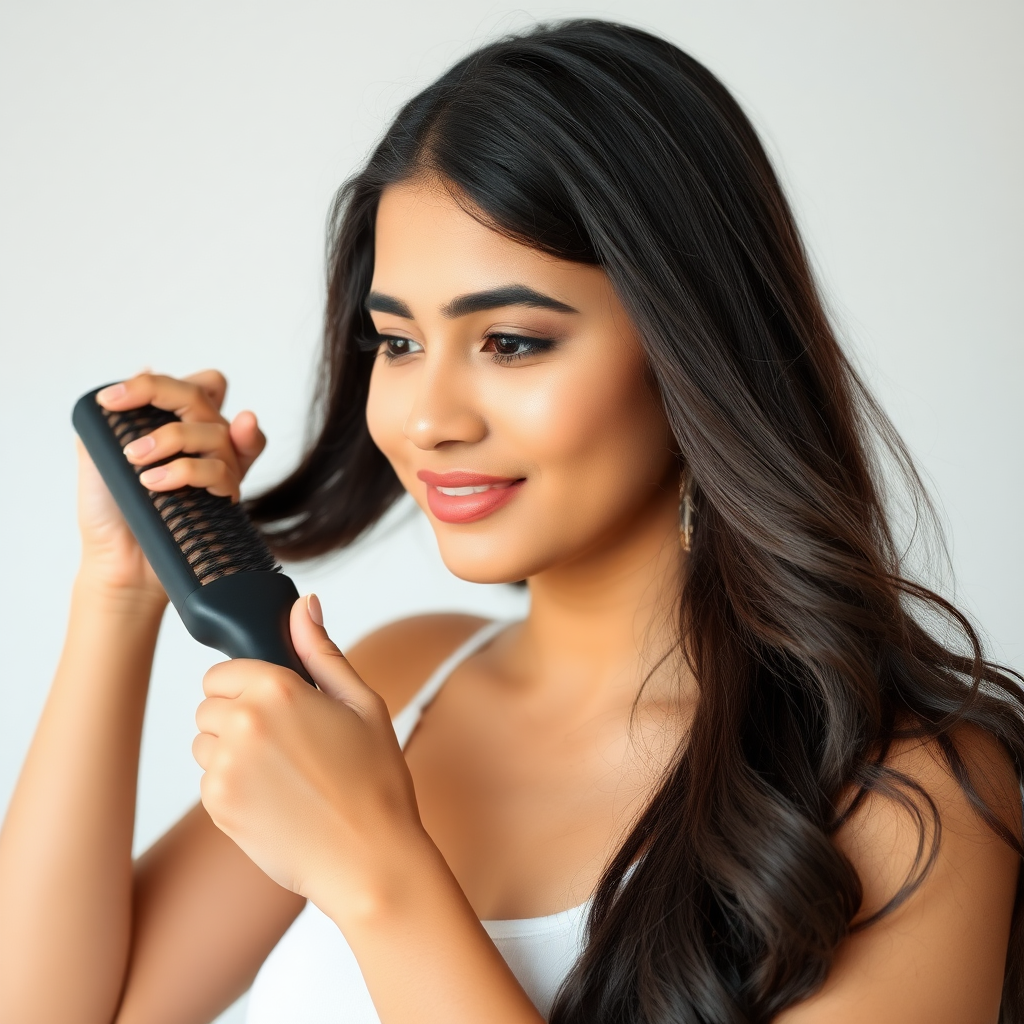 An attractive Sinhalese woman in her 20s brushing out her long hair with a roller brush.