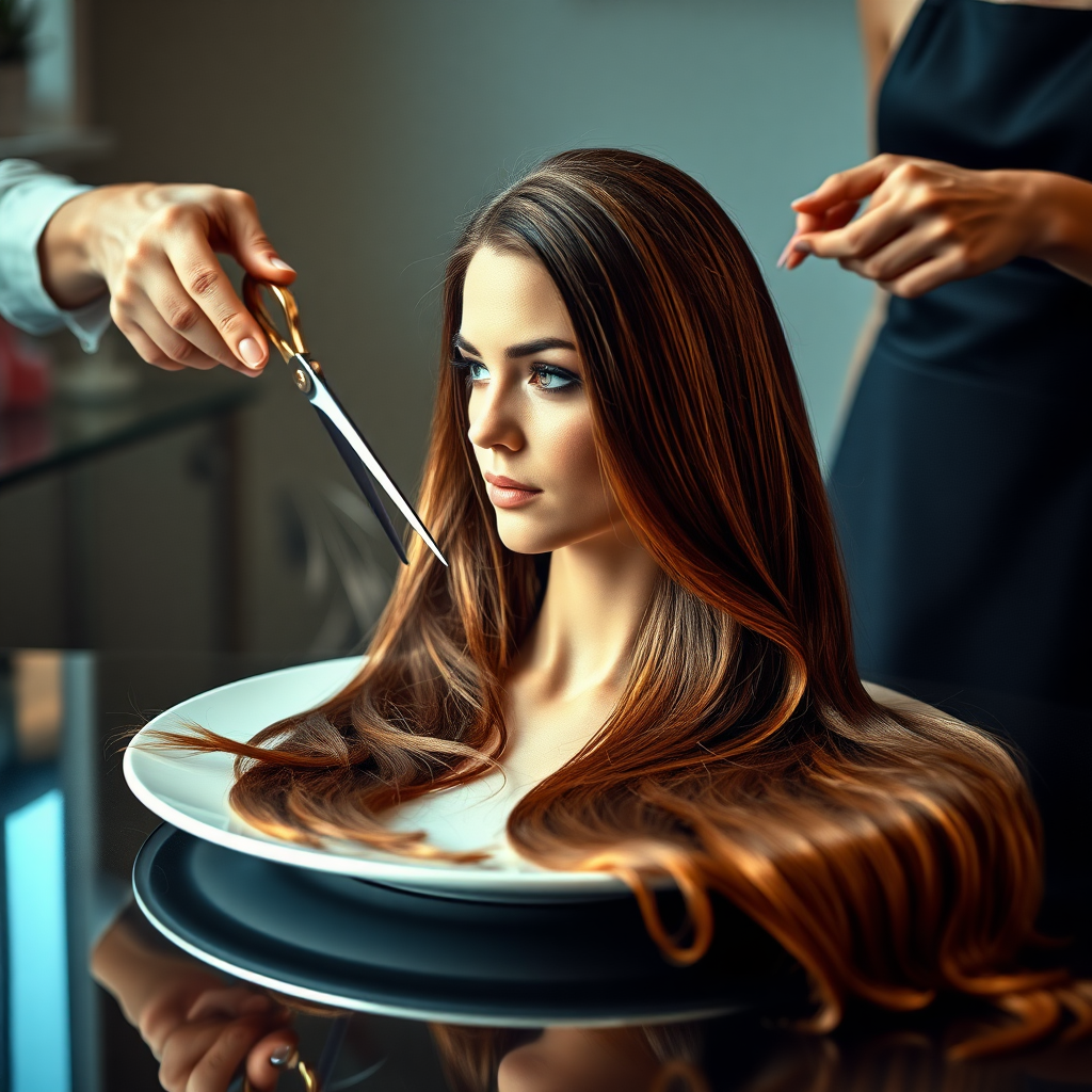 In a bizarre, surreal tableau, the polished surface of an elegant dining plate cradles the disembodied head of a strikingly beautiful Kate Middleton, her long, flowing hair cascading like a glossy waterfall of deep chestnut and honey highlights. The hair is luxuriously arranged, strands shimmering under the soft, ambient light that bathes the scene in an ethereal glow.

A skilled hairdresser, clad in a sleek black apron, stands poised with a pair of gleaming scissors, carefully trimming the endlessly luxurious locks that frame Kate's serene, almost ethereal features. The air is thick with the scent of salon products mingling with delicate hints of floral fragrances, creating an unusual yet strangely inviting atmosphere. The hairdresser's focused expression reveals a meticulous dedication as snippets of hair fall gracefully onto the pristine plate, echoing a sense of both artistry and absurdity.

The overall emotional tone conveys a dreamlike quality, inviting viewers to ponder the juxtaposition of beauty, identity, and the bizarre circumstances that bind them in this extraordinary moment.