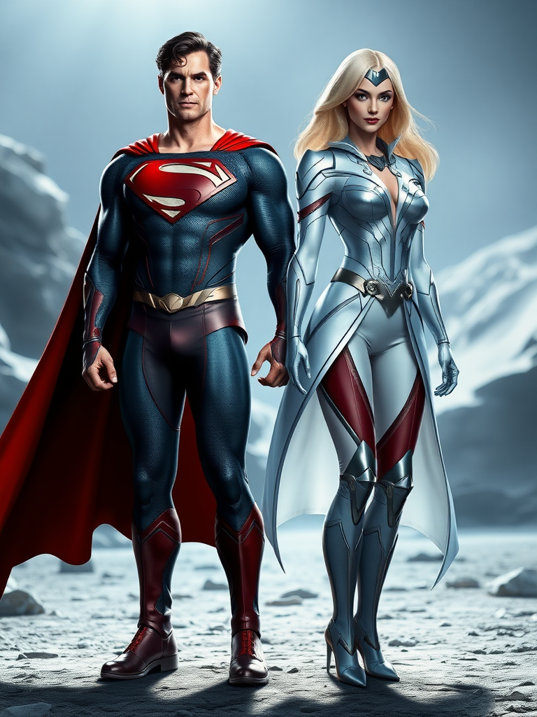 Generate a full-length image of a character that is Superman with the anatomically accurate body type of Emma Frost. Keep Superman's head intact and adjust the body silhouette to reflect Emma’s physique. Incorporate elements of Emma Frost's costume into Superman's outfit without merging the two characters. The background should be an appropriate setting that complements both Superman and Emma Frost, adding to the scene’s atmosphere while highlighting their individual styles.