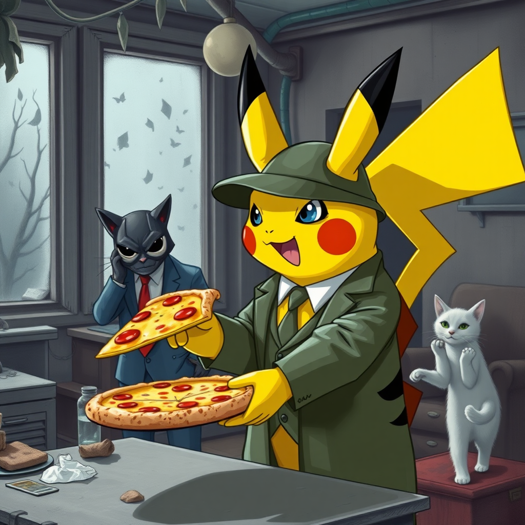 A well dressed handsome Pikachu demon delivering pizza to angry used car salesmen kittens in a decayed apartment