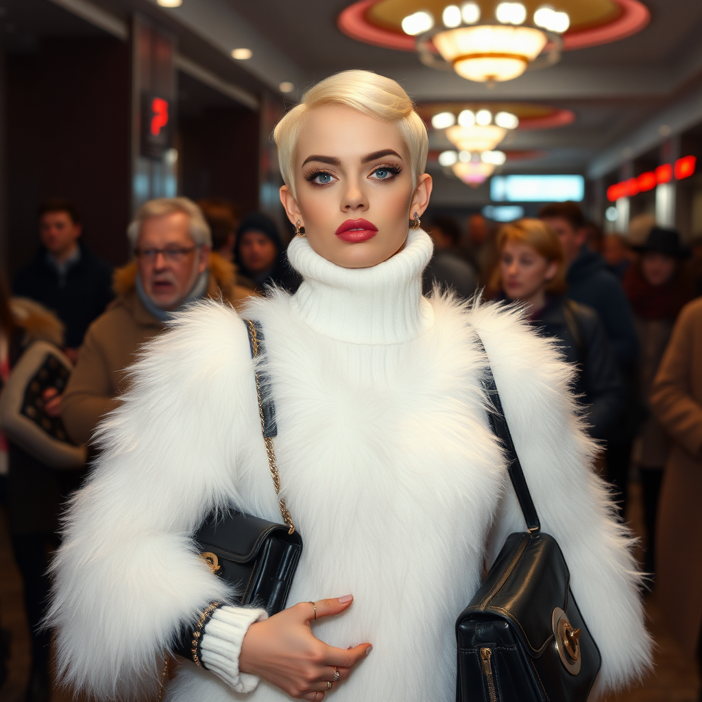 1990 winter evening, crowded cinema lobby: Sam, 19 years old beautiful involuntary femboy, rebellious intractable character, petite boyish figure, platinum blond boyish rebel punk hairstyle, flawless heavily made-up face with sharp arched tattooed eyebrows, wearing Supertanya-style fluffy very fuzzy bright white angora turtleneck-poncho fully covering body and arms, black leather high-heeled thigh-high boots, gold earrings, puzzled alarmed, black leather handbag, pout serious, impatiently waiting for her master. Focus on Sam’s face and turtleneck-poncho.