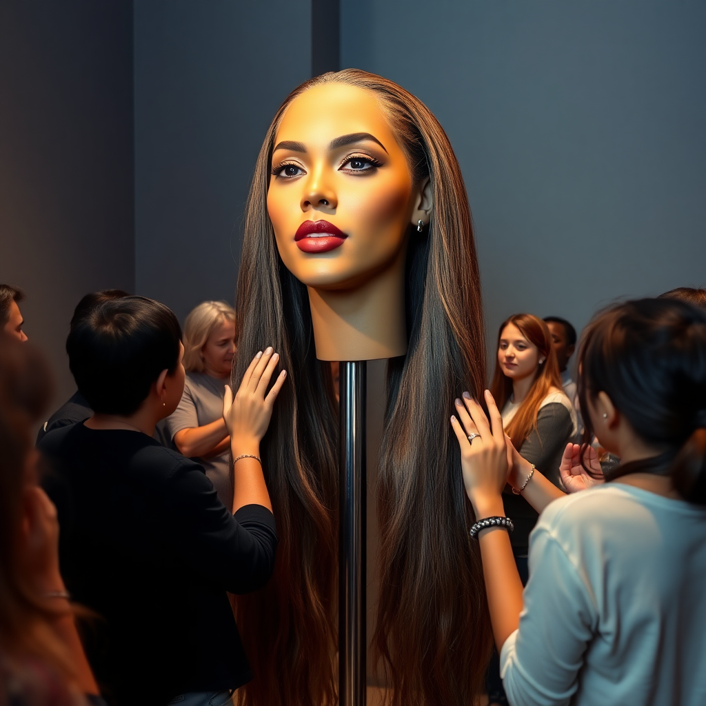 In an innovative art space, an interactive exhibit showcases a mesmerizing magic trick featuring a stunningly realistic, life-sized disembodied head of Beyoncé, adorned with luxuriously long, flowing hair that cascades down the stand like a shimmering waterfall of ebony silk. The exhibit is bathed in soft, warm lighting that highlights the intricate details of her features—high cheekbones, full lips, and vibrant, expressive eyes that seem to sparkle with life.

Visitors flock to the exhibit, their faces illuminated with curiosity and wonder, as they reach out to gently play with the silky strands, which feel soft and smooth beneath their fingers. The air buzzes with excitement as whispered conversations fill the gallery, punctuated by the occasional gasp of surprise as each visitor experiences the sensation of touching the hair—a surreal blend of fantasy and reality.

The plain gray backdrop serves to accentuate the ethereal quality of the display, drawing the eye solely to the captivating spectacle of Beyoncé's head, as if she is caught in a magical moment between worlds. The overall atmosphere is one of playful enchantment, as guests become part of the performance, interacting with the hair that seems to embody both elegance and whimsy, transforming the experience into a collective celebration of beauty and artistry.