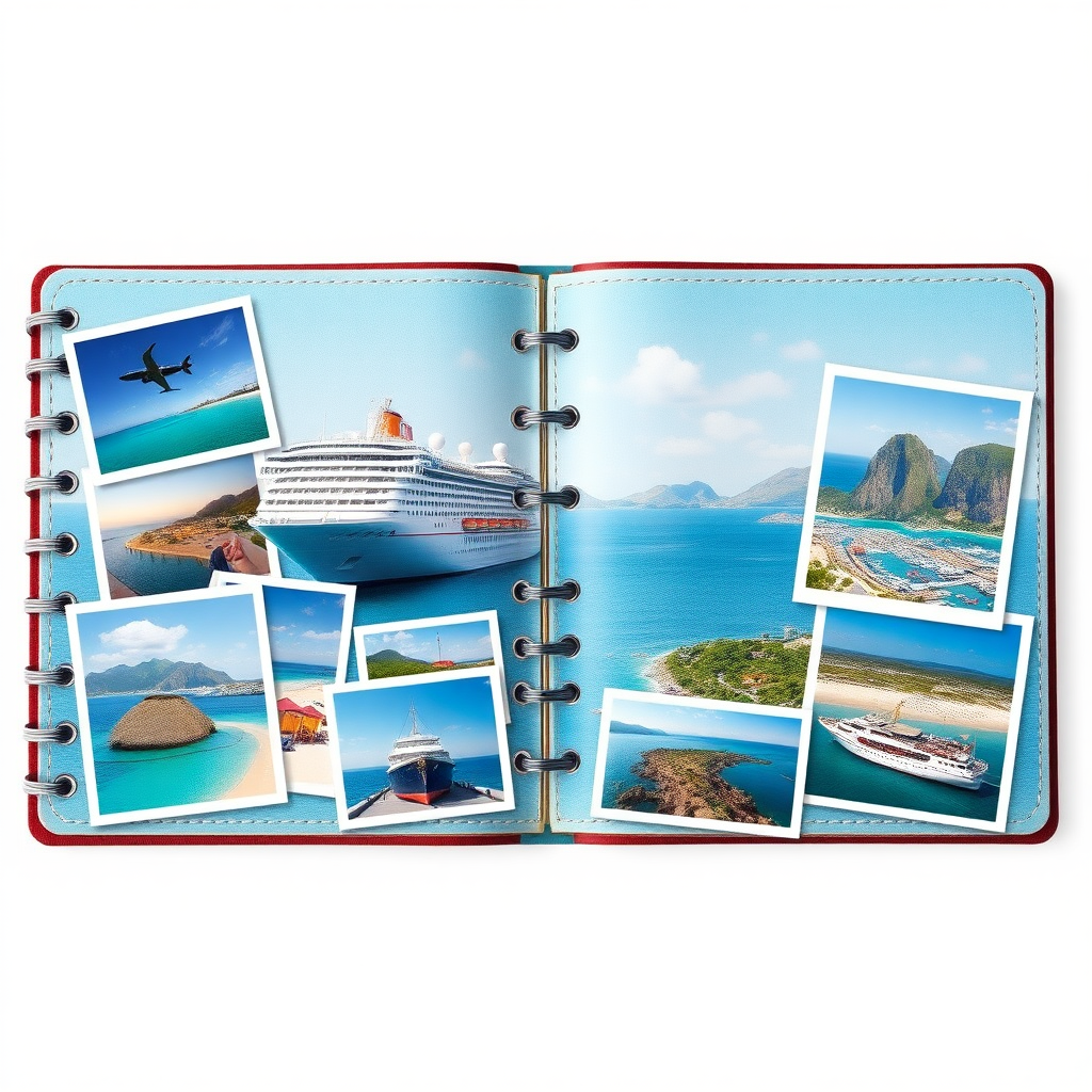 create a photo realistic image of a travel scrapbook containing photos of cruise ship, beaches, ports etc. Make the image rectangle and not square