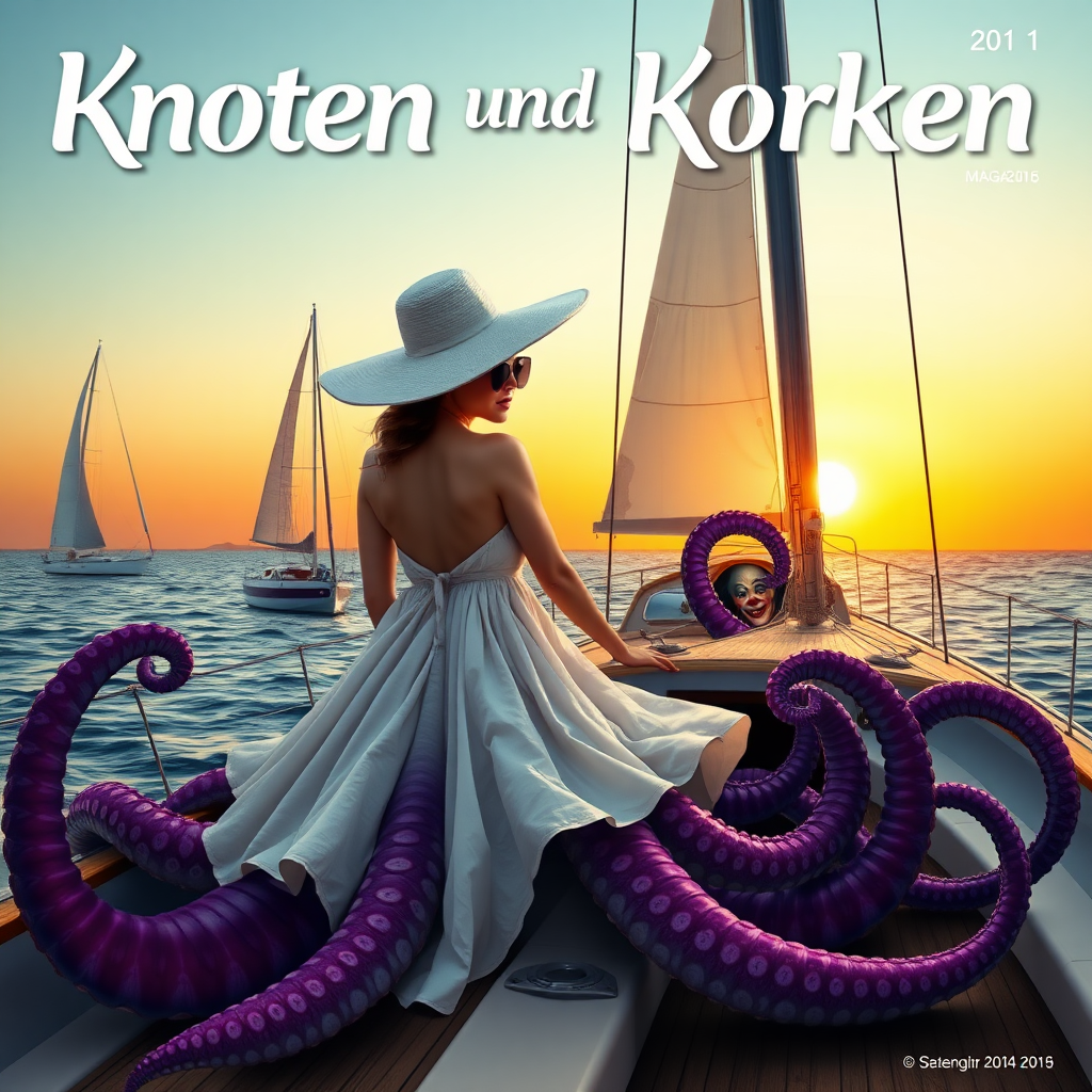 Create a high-resolution, fictional magazine cover in DIN A4 portrait format. The magazine is titled 'Knoten und Korken.' In the foreground, there is a sailboat with a mysterious creature onboard. The creature has the upper body of a woman wearing a flowing white summer dress, turning her back to the spectator; she wears a large white sun hat and oversized dark sunglasses, while the lower body consists of 8 purple octopus tentacles. The setting sun casts a mystical orange glow over the scene. In the background, another sailboat is visible, and a menacing clown peers out from a porthole, adding an eerie atmosphere.