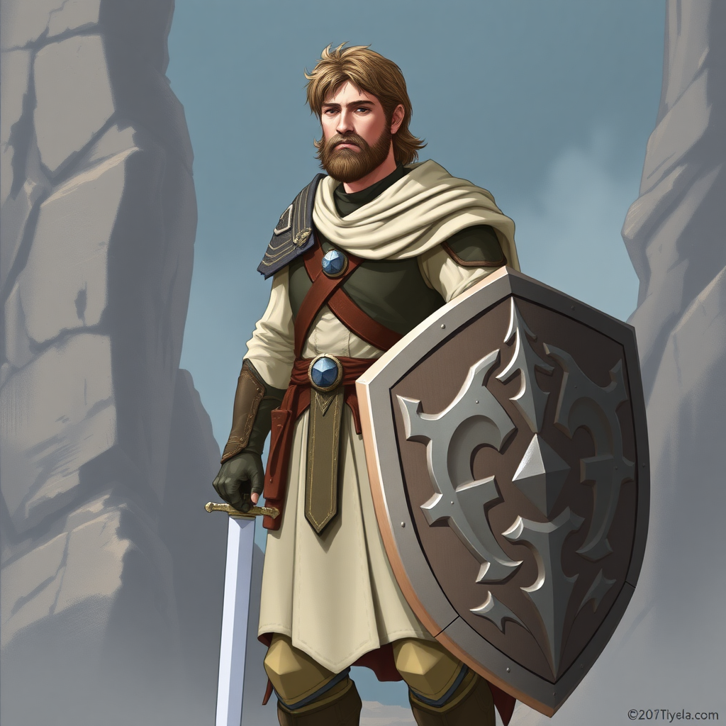 In a fantasy world, a paladin resembling Sam Wise, carrying a shield, high definition, normal and standard human appearance, no beard. Character standing upright, sword at the side and shield on the left arm.