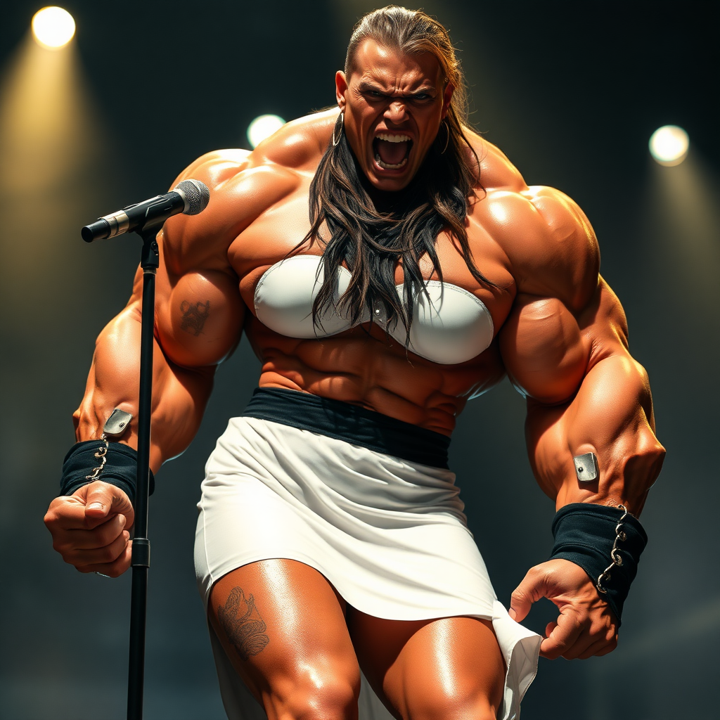 huge massive strong muscular bodybuilder girl, strapless dress, angry rock singer