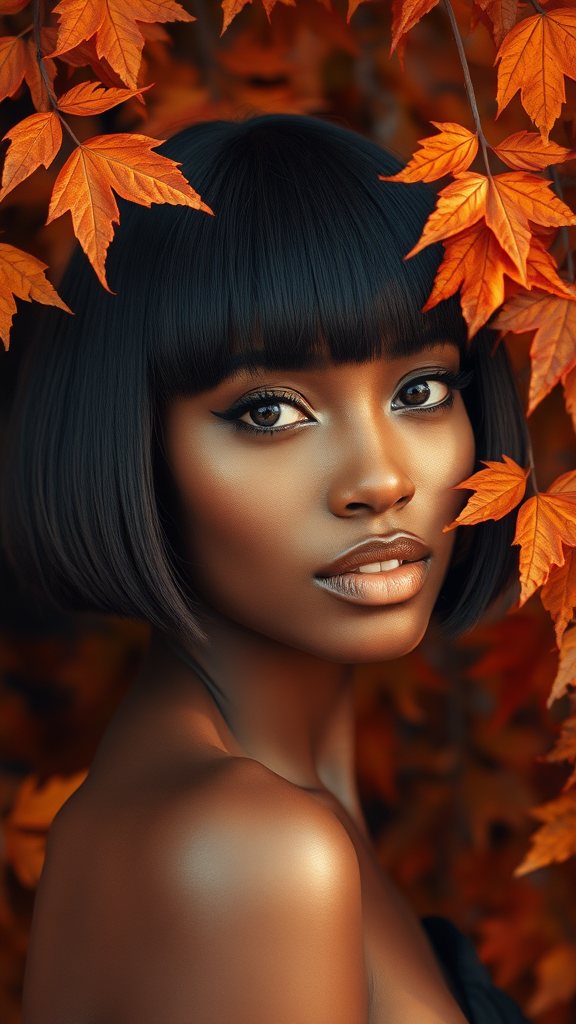 Beautiful model Naomi Campbell with a square bob haircut, surrounded by autumn foliage, in high definition.