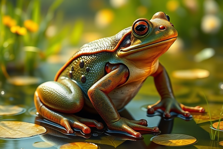 Create a full-length photorealistic image of a frog that incorporates the musculature and silhouette of a horsefly while retaining its head intact, showcasing its facial features. The frog's skin should display a vibrant, glossy texture, while the body showcases a mix of frog skin and horsefly fur. In the background, blend elements inspired by both the natural habitat of frogs, like a lush pond, and the environment typical for horseflies, such as sunlit meadows. The scene should unify these two diverse ecosystems, creating a harmonious yet intriguing setting.