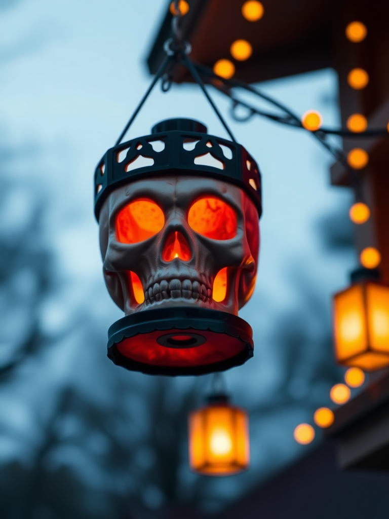 A spooky skull lantern floating in the air