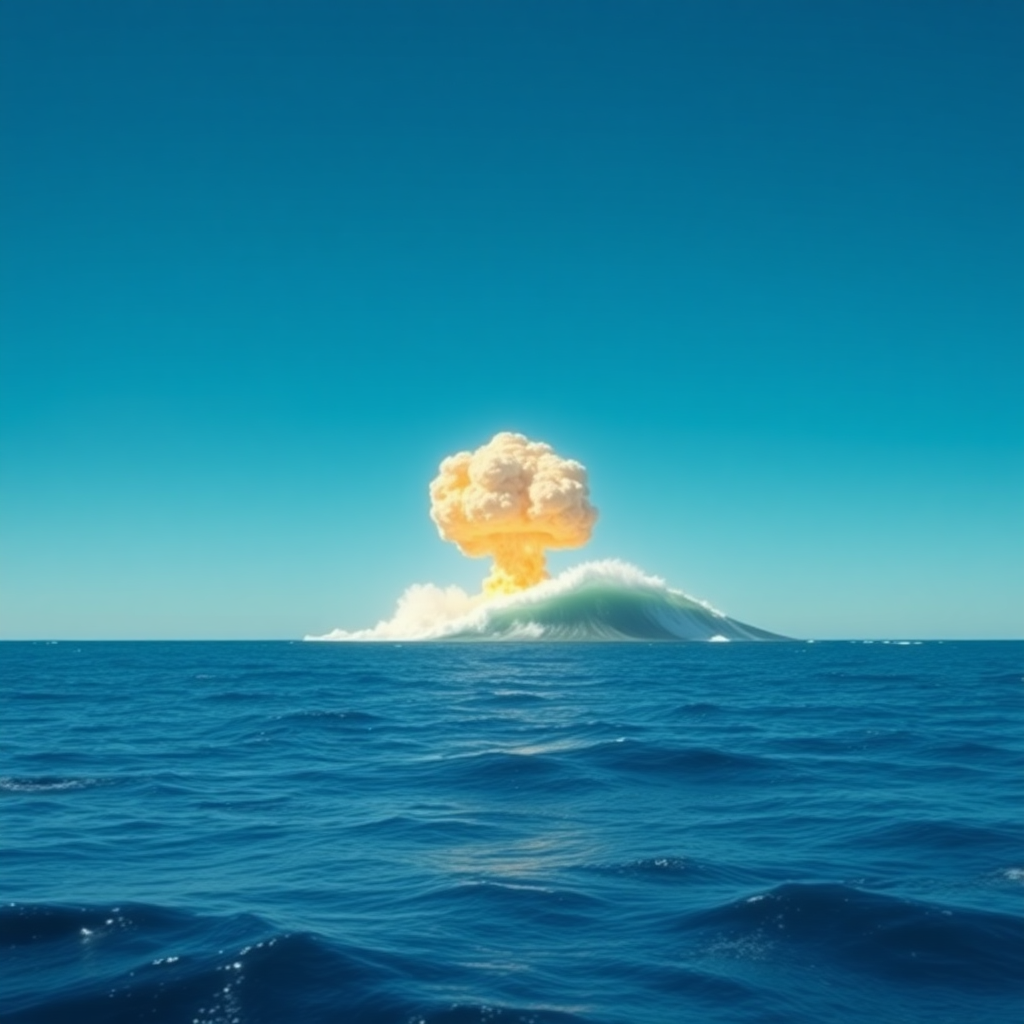 Create a photorealistic image of a vast, open ocean with gentle waves. The sky is clear and blue. In the background, depict a very high nuclear explosion, with a massive tsunami wave surrounding it, creating a dramatic contrast against the calm sea and sky.