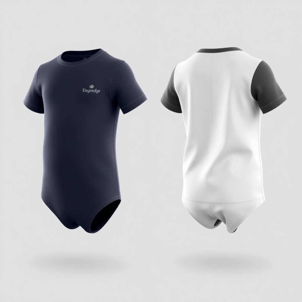 Create a dual-view 3D model showcasing Elegantedge boys' clothing, with a short sleeve crewneck bodysuit on one side and a toddler t-shirt on the other.

For the bodysuit, design a sleek, fitted silhouette with a clean, simple crewneck and soft seams. Highlight practical snap closures at the bottom, ensuring comfort and functionality for toddlers. The Elegantedge brand name should be subtly embossed along the chest or sleeve in a bold, modern font. Use a timeless color palette (navy, grey, or light blue) to keep the design both versatile and stylish.

On the opposite side, create a toddler t-shirt with a relaxed fit, featuring soft fabric and high-quality stitching. The t-shirt should complement the bodysuit, sharing the same Elegantedge branding, and emphasize comfort and durability. Opt for neutral or slightly bold tones (white, black, or soft pastels) to keep the style playful yet refined.

This split-view design should visually balance Elegantedge's signature elegance with everyday wearability, perfect for both infants and toddlers.