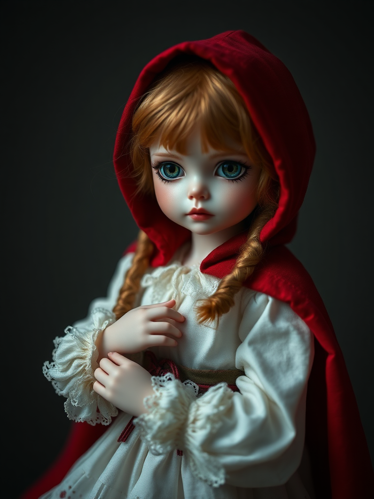 red riding hood, ooak art doll, artist doll, realistic doll, life-like porcelain doll, unique personality, stunning eyes, bisque doll, portrait photography, low key lighting, dept of field, studio photography, full body shot, lively pose