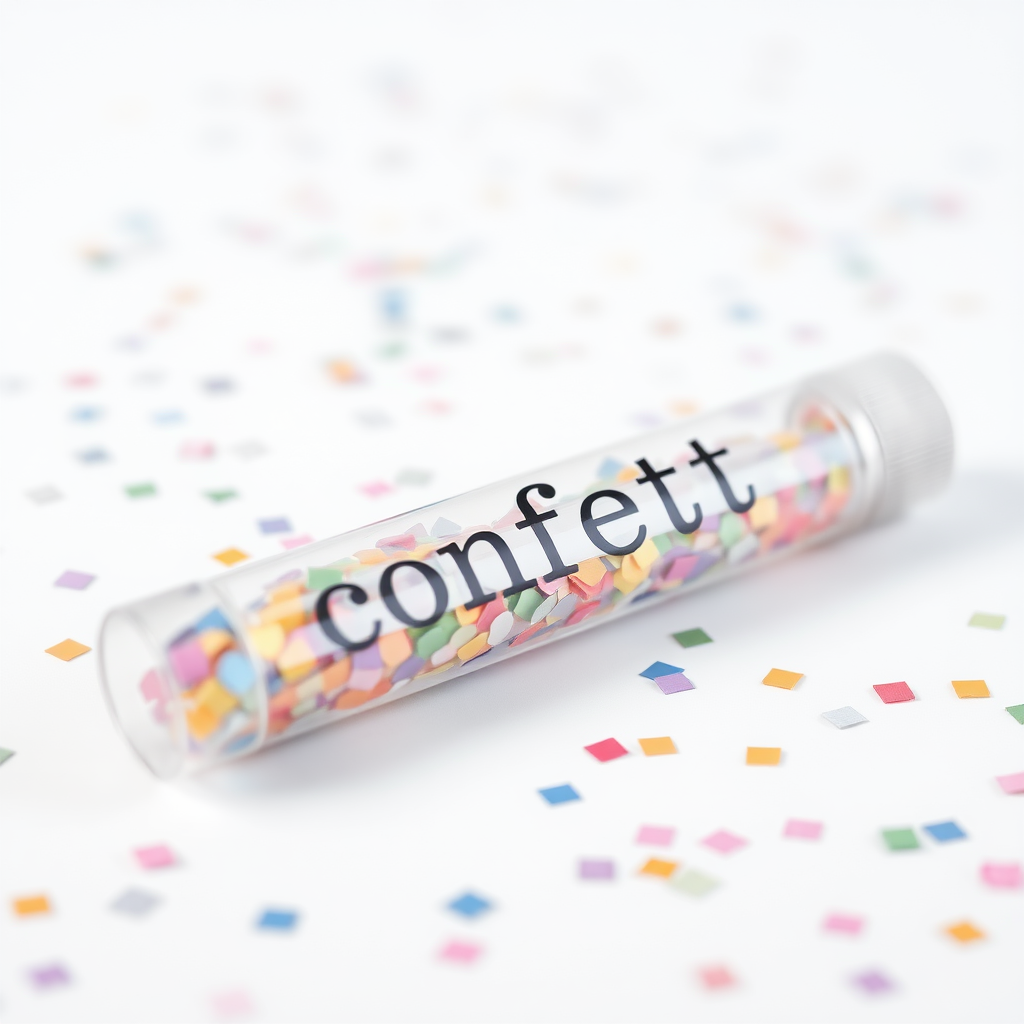 A photo of a transparent confetti popper tube with confetti inside and with text "confetti" on it, lying flat at an angle, with confetti around it, white background, distant confetti blurred.