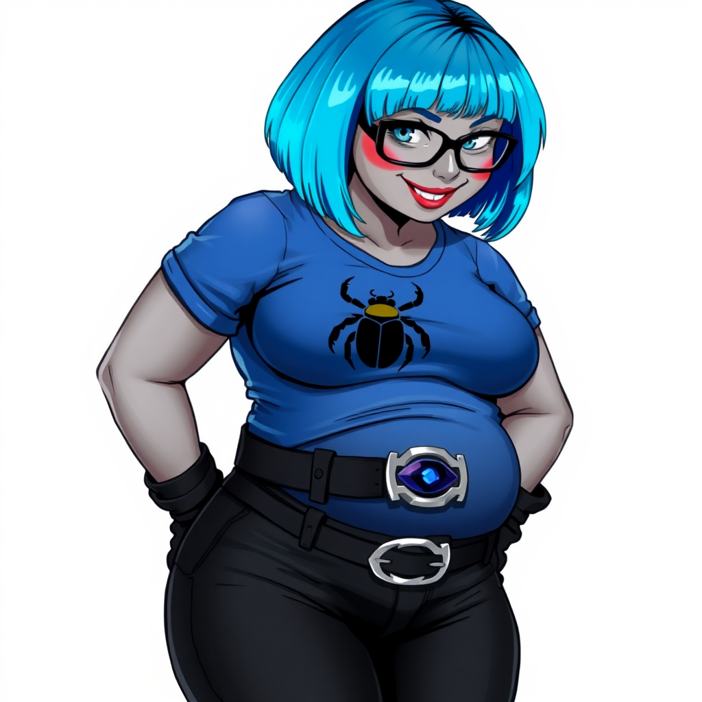 A 28-year-old, full-figured, metallic middle gray skinned computer program hybrid with a maximum blue bob cut. She has a non-athletic build, highlighted by a prominent, round midsection (with a focus on her belly). As a digital sidekick and computer hacker to her cyberpunk vigilante boyfriend, her middle gray metallic skin and maximum blue lipstick emphasize her digital nature. She wears a tight-fitting, maximum blue t-shirt (accentuating her belly) with a black chest icon of a beetle, black pants, a black belt with a sapphire scarab buckle, and black gloves. Her bright blue eyes, black eyeglasses, and shy smile with neon red blush accentuate her nerdiness. She bashfully bows her head with her hands behind her back, her t-shirt covering her midsection (especially her belly) and emphasizing her full-figured, non-athletic physique. She is on a solid white background. She is drawn as if she was in a retro 2D cyberpunk fighting game. She is clearly non-athletic, with a focus on her full figure. Make sure her t-shirt covers her midsection (especially her belly).