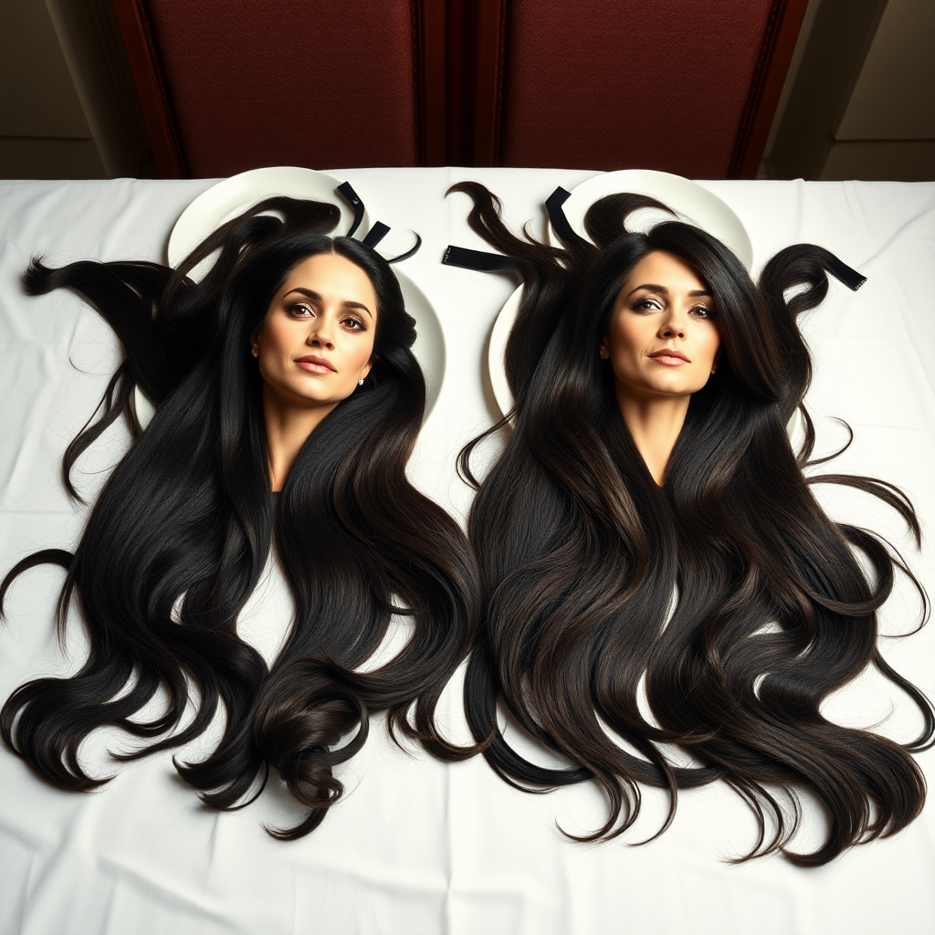 Surreal image of the disembodied heads of very long haired Meghan Markle and Kate Middleton served on plates. Their beautiful hair spread out all over the table.