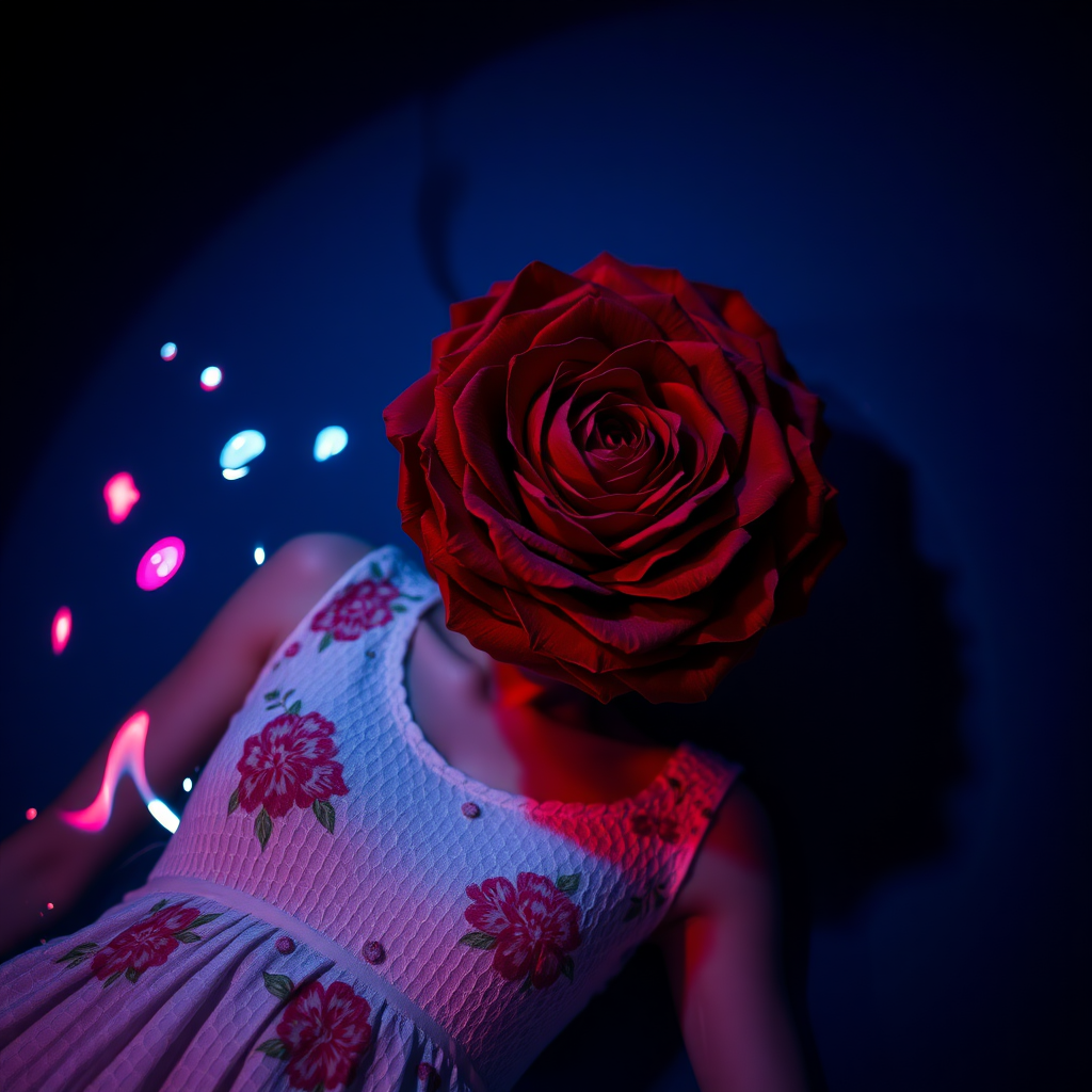 A red rose bouquet head, no human, front view, wearing a white textured dress with pastel minimal floral print design, closeup shot, hyperrealistic, lying inside water with blue and pink effect, nighttime, dark