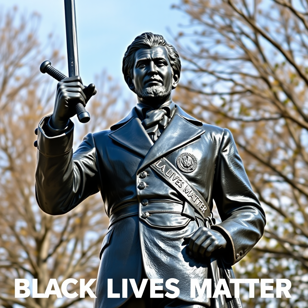 African-American black statue of George Perry Floyd Jr. with a sword posing and 'Black Lives Matter' around it, Black Lives Matter (BLM) is a decentralized political and social movement black statueArt. BLM, African-American, black statue, George Perry Floyd Jr.