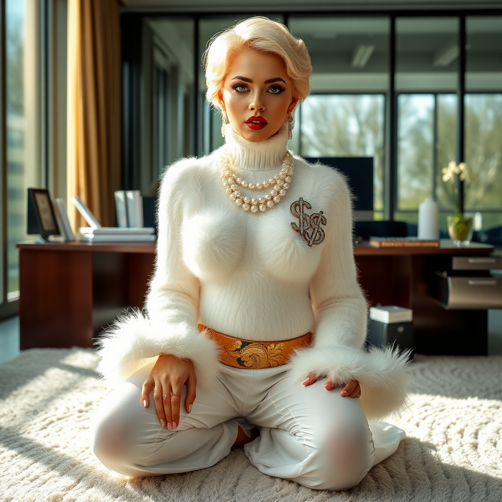 Sunny spring morning, modern glass-steel-concrete office, kneeling on fluffy carpet in front of CEO’s desk: Kimberly, 19 years old very convincing femboy “trophy-bimbo”, tamed servile docile, very beautiful feminine flawless face, rather short, by hormones very curvaceous womanly figured, platinum blond short tight curls, bold red lips, heavily made-up face, wearing Supertanya-style fluffy very fuzzy bright white angora turtleneck-poncho cropped ending under bust decorated with pearls and glass stones, striking oriental wide gold bridal protection belt, white fully transparent harem pants, large pearl earrings, striking diamond “$$$” letter brooch on left chest, pout frustrated, looking at camera. Focus on face and turtleneck-poncho.