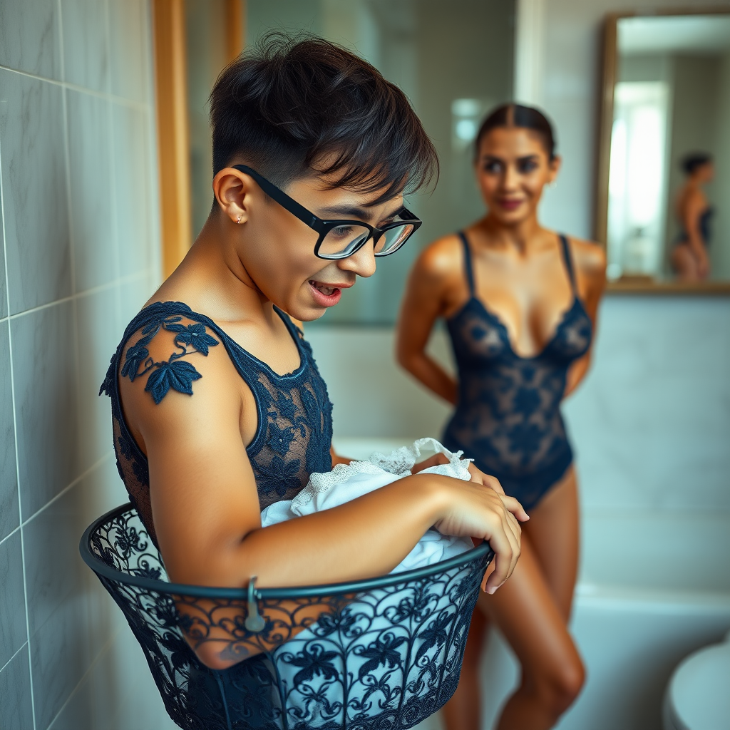 In a bathroom, an amazed European skinny boy is frantically rummaging in a basket full of lingerie. He is watched from a distance by a gorgeous 45-year-old, European Latina with a sharp aquiline nose, wrinkles, high cheekbones, Middle Eastern features, skinny build, tanned skin, dark light skin, rounded medium-sized breasts, skinny thighs, big rounded ass, full makeup, jewelry, and a serious face. She has a sharp nose, is shocked, smiling with a blushing expression, and an open mouth. She appears horny with ash-colored hair styled in a short bowl cut, slicked down, and short hair. Her eyes are brown, and she wears glasses, all while showcasing detailed features. She is dressed in a navy blue sheer embroidered leotard made of detailed fabric, captured in a full-body landscape wide shot, in focus.