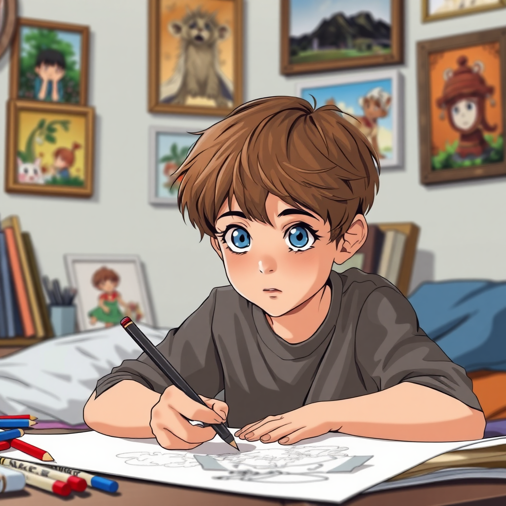 A 12 year old boy. He has blue eyes, brown short hair and he has a concentrated look on the paper. He is drawing in his room. He has Anime pictures on his wall. Anime, studio ghibli style.