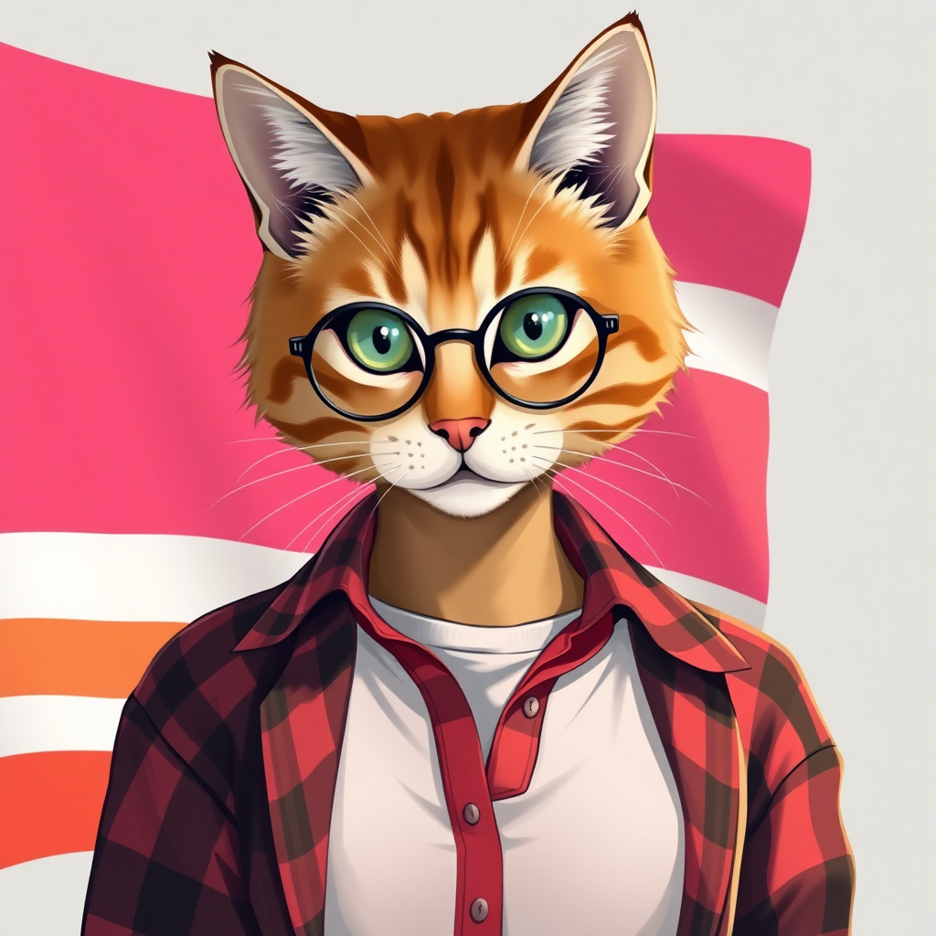 female cat-man with chestnut color, behind, a flag with horizontal stripes in pink/light pink/white/light orange/orange, colors in that order, wearing semi-round glasses, an open red and black checked shirt with a white t-shirt, in digital art