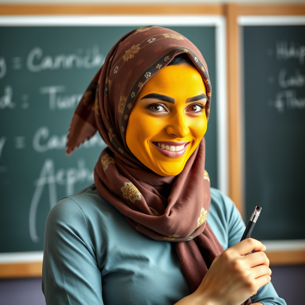 slim, 30 year old, sexy, french female school teacher, scarf head, turmeric face mask. She is smiling and teaching on a blackboard.