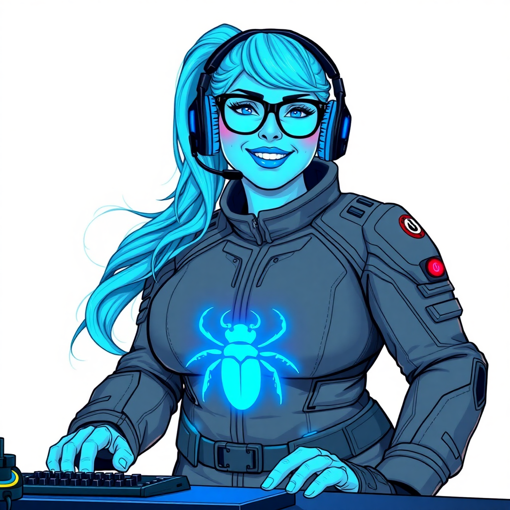 A nerdy, full-figured light neon blue glowing skinned 29-year-old computer program hybrid with a long, light neon blue glowing ponytail. She wears maximum blue lipstick and has bright blue eyes. Her outfit includes a digital, computerized, middle gray biker suit featuring a neon blue glowing beetle chest icon. She sports a sapphire headset and black eyeglasses, with a beaming smile and neon red blush. Her full figure reflects the doting care of her vigilante boyfriend. As his tech expert, she works diligently at her lab table in their hideout. The background is solid white. She has a prominent, round, wrecking ball-sized midsection, sequoia tree trunk-sized limbs, and broad shoulders. Her neon glowing light blue skin highlights her digital nature. She is drawn as if she was in a retro 2D cyberpunk fighting game.