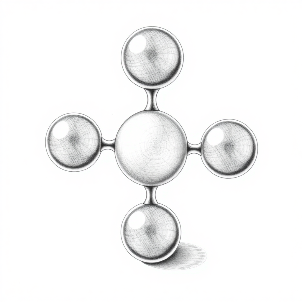 Five connected spheres of mercury in a ring in between two other spheres, spinning top, fidget spinner, toy, small spheres, isometric, side view, symmetric, pencil drawing, impossible, black and white