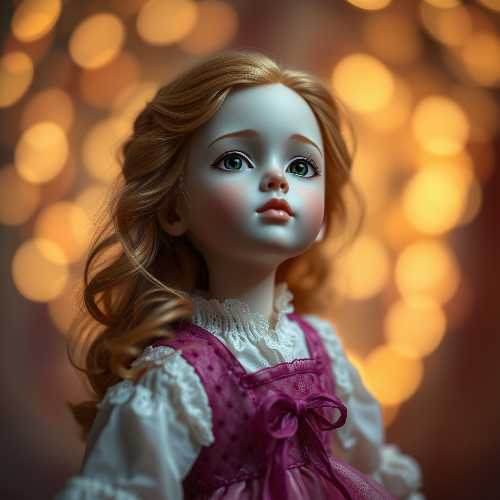 preteen artists doll, full body, bisque porcelain doll, genuine collectors doll, ginger girl, dreaming, Bokeh, abstract, brilliant colors, glittering, translucent, mother of pearl, opal, iridescent, natural skin, glowing, artistic photo, wide angle, cute, interesting, Victorian dress, wuxia movie