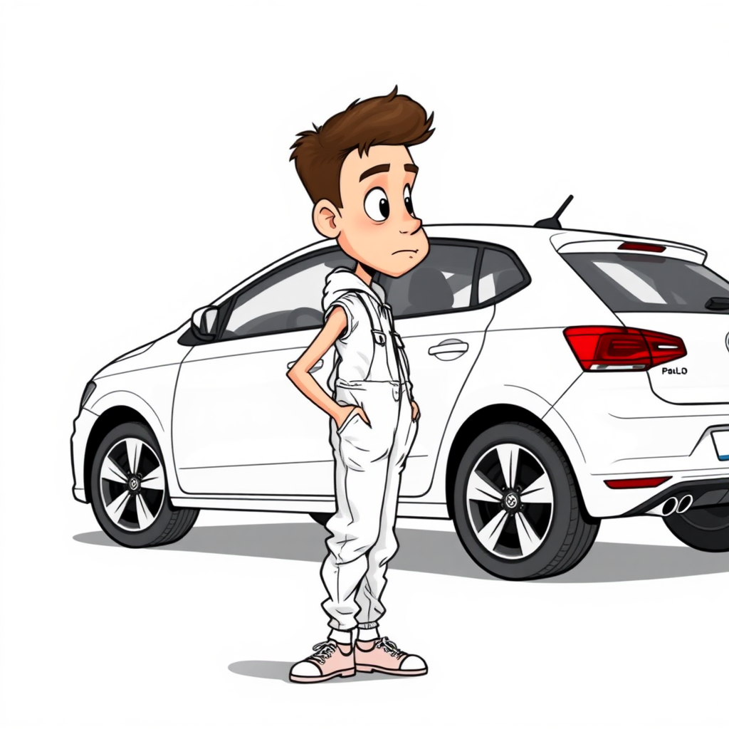 shy nervous small 18 year old european skinny man, coveralls, tense fabric, staring from a distance at a white VW Polo V, side view, detailed feet, 2D, caricature, cartoon, Sketch lines, coloring book, coloring book