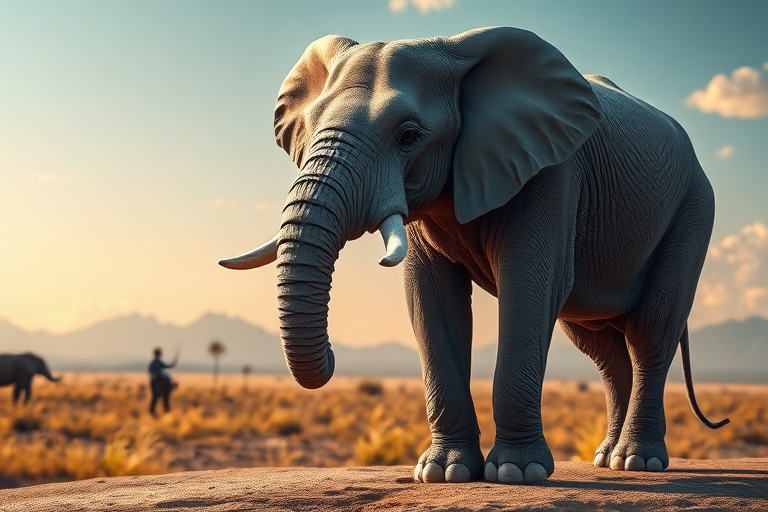 Generate a full-length photorealistic image of an elephant, utilizing the frame and silhouette of a mouse while keeping the elephant's head intact, showcasing its distinct facial features. The skin should resemble the texture of an elephant, and fur elements should hint at a mouse's softness. The background should blend colors and textures inspired by both animals, incorporating savanna landscapes and urban environments to create a harmonious yet whimsical scene. Focus on lighting that highlights the unique characteristics of the combined creature, enhancing the surreal yet believable nature of the artwork.