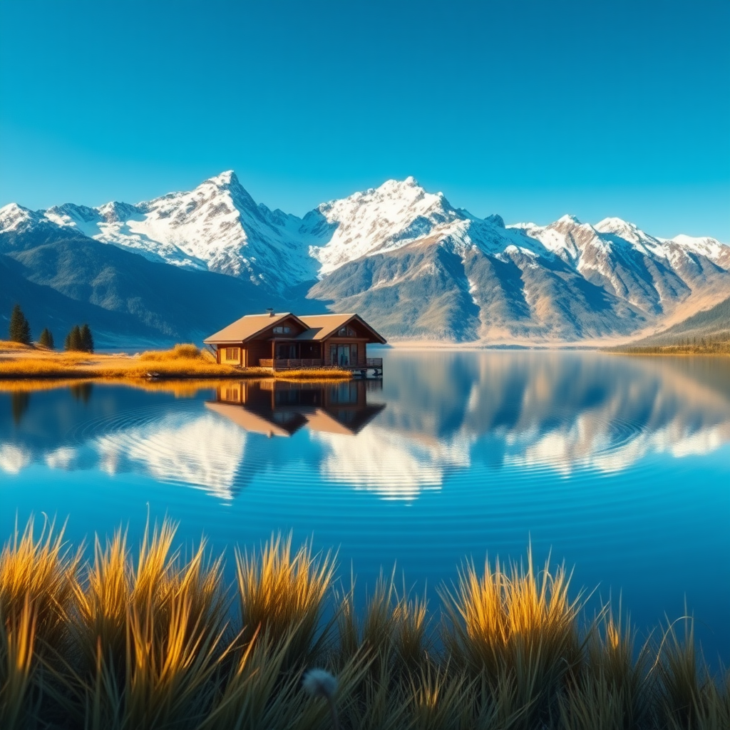 This is a tranquil mountain landscape characterized by a modern wooden chalet nestled near a serene lake. The background is surrounded by majestic, snow-capped mountains under a clear blue sky. The reflection of the mountains and the chalet creates ripples across the lake's blue waters. The foreground showcases golden grass that borders the water, enhancing the warm tones against the cool blues. The overall scene radiates vibrant, saturated colors that evoke an animated aesthetic, emphasizing the clarity and beauty of nature. The composition invites a sense of tranquility and peace in a breathtaking mountain retreat.