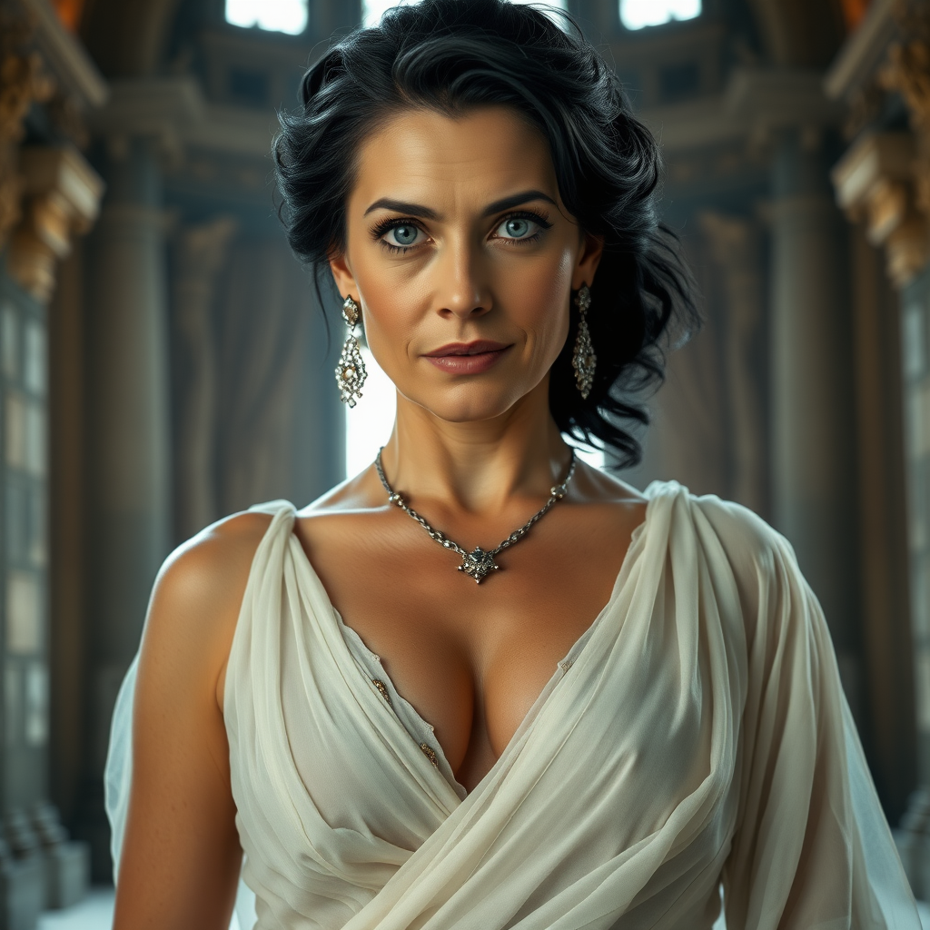 The female queen, aged 40, possesses pale skin, striking grey eyes, and elegantly black Grecian hair. Her visage features smooth wrinkles, suggesting a mature yet alluring beauty. Her eyes exude a sensual aura, and her lips are slightly parted, inviting curiosity. Dressed in a translucent, white, very low-cut Roman garment, she flaunts a voluptuous bosom with pronounced areola and nipple clearly visible beneath the fabric. Adorned with sparkling earrings and a necklace, her figure is reminiscent of a MILF, exuding a captivating appeal. The grandeur of her surroundings is a majestic castle, illuminated by the dramatic, cinematic lighting of a movie set. Each element is captured with ultra-detailed 8k photography, emphasizing the opulence and intensity of the scene.