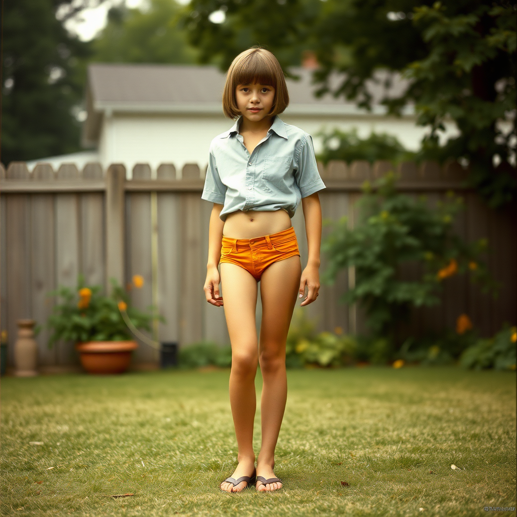 tall 14yo teen boy, long hair bob cut, wearing shirt and very tight booty shorts, long legs, narrow thighs, full-length front view. 1970s. Playing at backyard. photorealistic, ultra high resolution, 16K, Negative: grainy, blurry, bad anatomy, extra limbs, watermark.