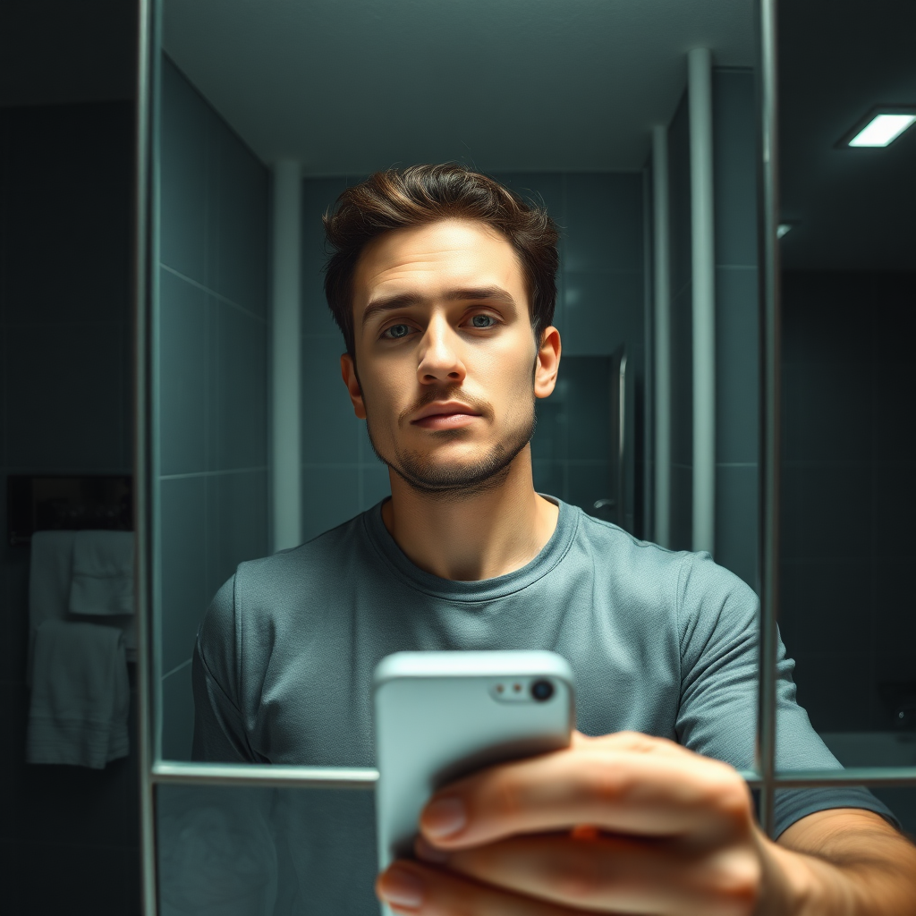 A selfie of a man in his bathroom, selfie photo, realistic image, 8k, intricately detailed